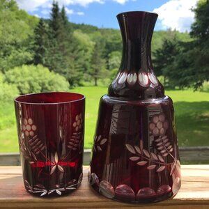 Bohemia Czech Glass Ruby Cut To Clear Tumble Up Bedside Carafe